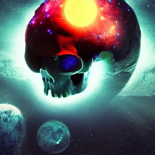 Image similar to planet shaped like a skull, colorful, glow, energy, galaxy, ethereal, cinematic, epic, 8k, ultra detailed, Artstation, Trending on Artstation, Artstation HQ, Artstation HD, deviant art, Pinterest, digital art,