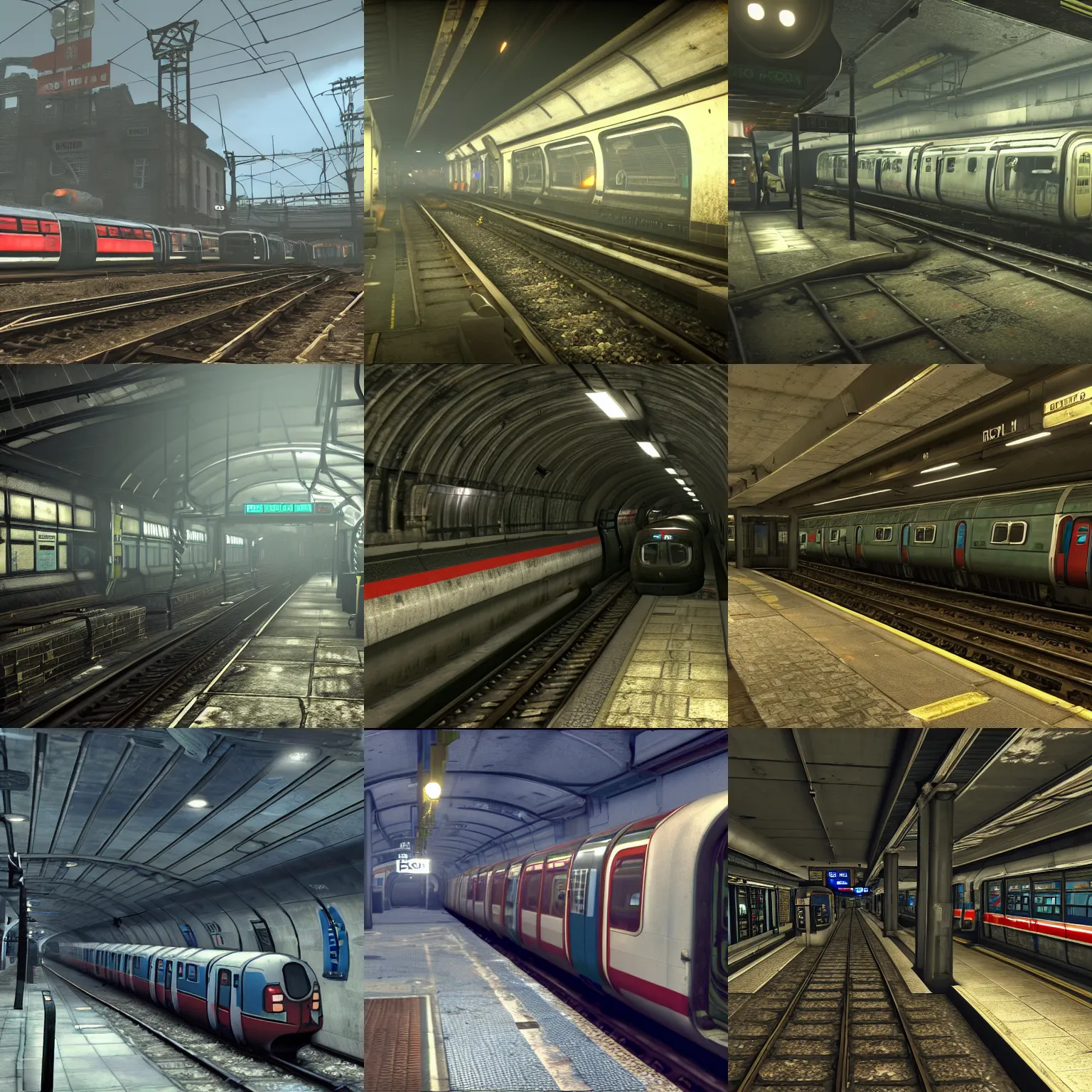 Prompt: London Underground tube station and train, screenshot from the game 'Fallout 4'