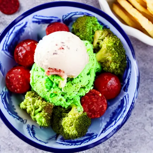 Prompt: of an ice cream sundae made from cheeseburger and broccoli with sprinkles of pepperoni