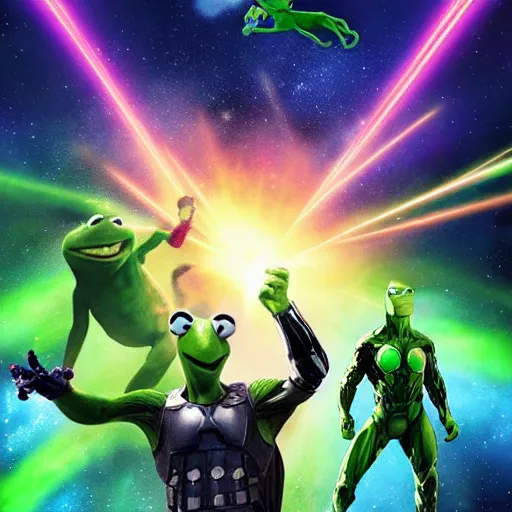 Image similar to the avengers battle one kermit the frog in space, galaxy, hd, 8 k, explosions, gunfire, lasers, giant, epic, showdown, colorful, realistic photo, unreal engine, stars, prophecy, epic oil painting, powerful, diffused lighting, destroyed planet, debris, justice league, movie poster, violent, sinister