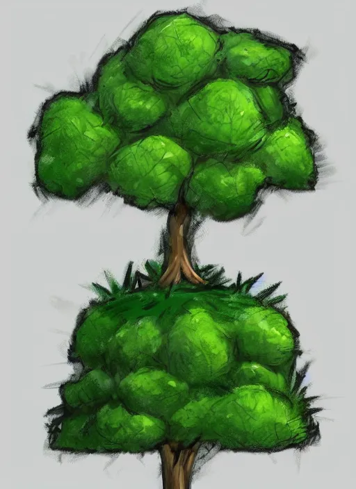 Prompt: cartoon tree with green leaves and a green plant, concept art by senior environment artist, artstation, environmental art, 2 d game art, concept art, sketchfab