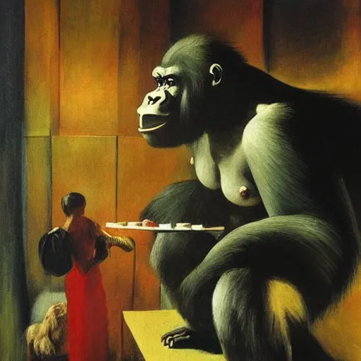 Prompt: candid of an oversized gorilla blowing out birthday candles on a cake, glowing with silver light, painting by franz marc, by jean - leon gerome, by winsor mccay, today's featured photograph, 1 6 k, character design, set design