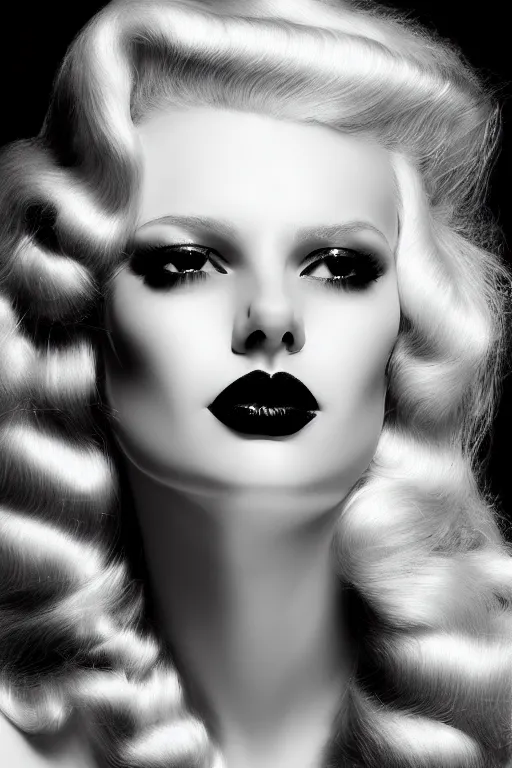 Prompt: stunning black and white portrait of a beautiful blonde woman by kenneth willardt. long wavy glossy hair and makeup. face only, no hand. vintage glamour. shiny dark lips. watercolor and ink on canvas. brush strokes.