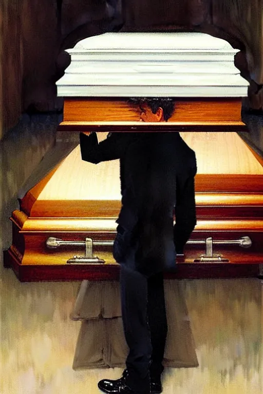 Image similar to a sad man mourning over a casket by sydney prior hall and alfred stevens and sherree valentine daines and norman rockwell, casket, highly detailed, deep shadows, accurate face, hyperrealism