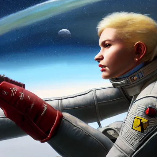 Prompt: rough and moody, highly detailed painting, side view, lonely awkward brilliant female blond vampire women with short hair, in flight suit, space high school, science fiction, octane render, artstation, michael whelan, ron cobb, digital illustration -