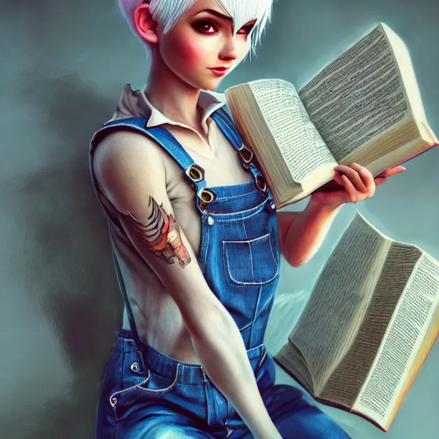 Image similar to full body pose, beautiful adult fairy, pixar, short white hair shaved sides, dirty, grungy, grunge, long sleeve, painted overalls, stacks of giant books, highly detailed, 4 k, hdr, smooth, sharp focus, high resolution, award - winning photo, artgerm, photorealistic