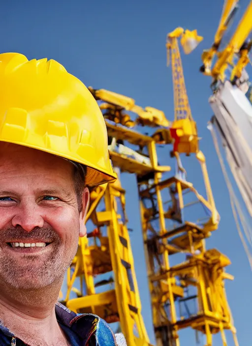 Prompt: closeup portrait of cheerful bryan operating a crane, sitting in a crane, yellow hardhat, sitting in a crane, natural light, bloom, detailed face, magazine, press, photo, steve mccurry, david lazar, canon, nikon, focus