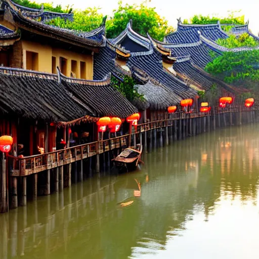 Image similar to peaceful ancient water town in the south of china, zhouzhuang ancient town, sunset glow, movie style