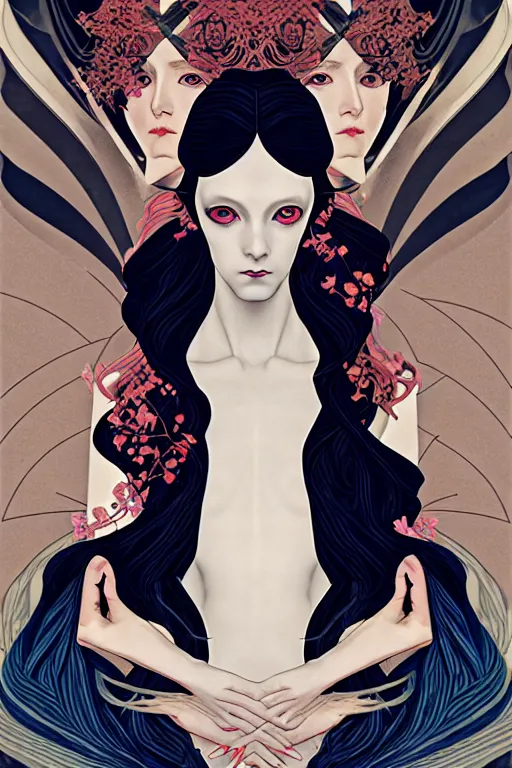 Image similar to a triad of winter muses, style blending æon flux, shepard fairey, botticelli, ivan bilibin, and john singer sargent, inspired by pre - raphaelites, shoujo manga, and harajuku fashion, stark landscape, muted dark colors, superfine inklines, ethereal, otherworldly, 4 k photorealistic, arnold render