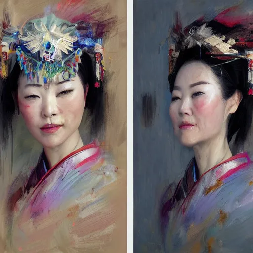 Prompt: spontaneous portrait under painting of a lady in chinese opera headdress, beautiful juicy brush strokes, by richard schmid and sargent, trending on cgsociety, expressionism