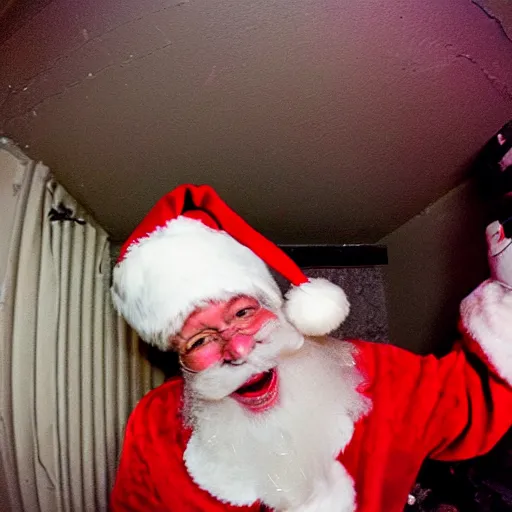 Image similar to A demented warped evil-looking Santa Claus grinning at the camera, emerging upside down the inside of a chimney into a family living room on Christmas night, security cam footage, blurry photo, fisheye lens, dark, night cam, hyperrealistic