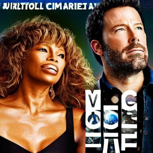 Image similar to movie poster of movie climate catastrophe 2 0 5 0, where the world is burning from global warming. starring ben affleck and tina turner.