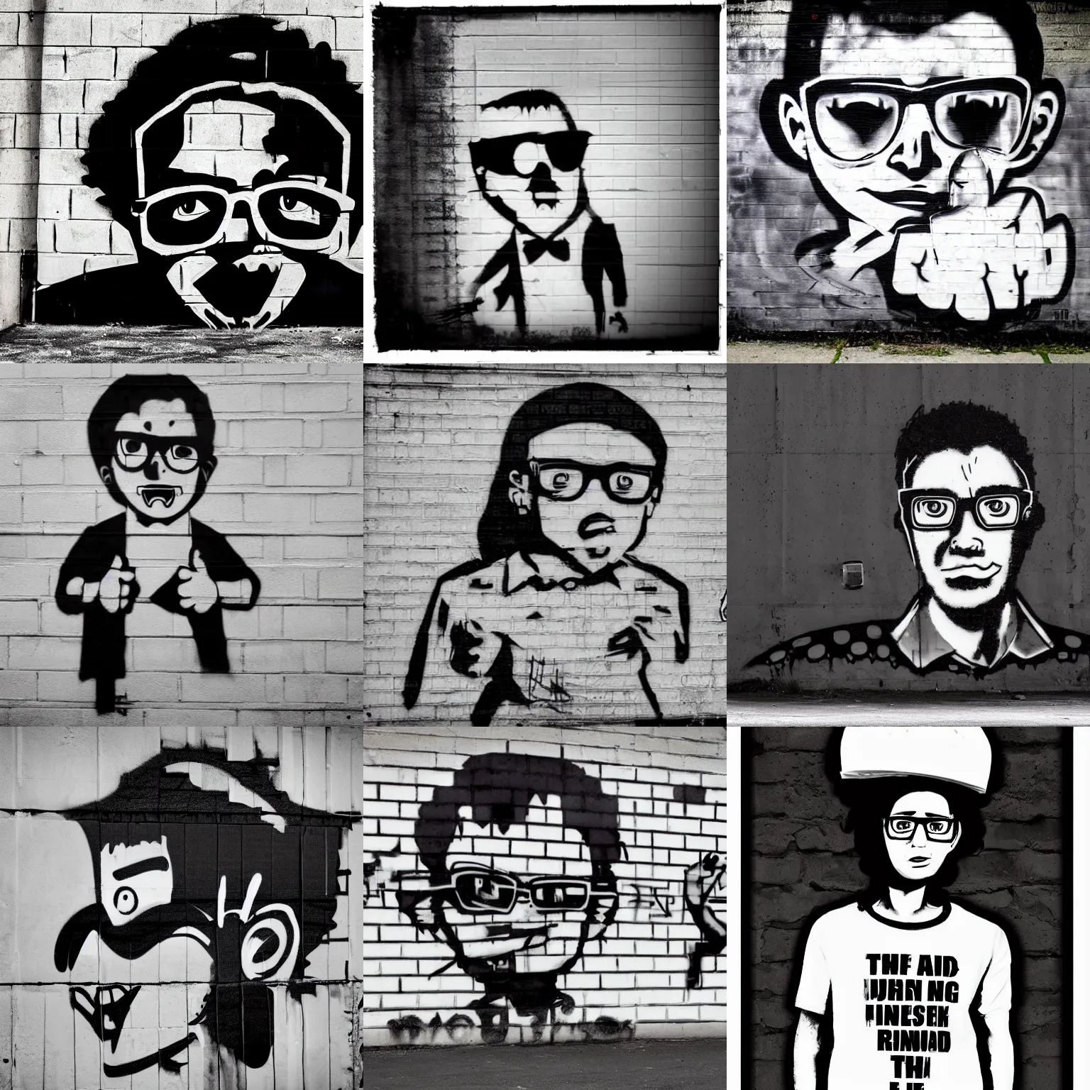 Prompt: A black and white graffiti of a pissed right off genetically engineered nerd on a concrete background in the style of Banksy, graffiti, digital art