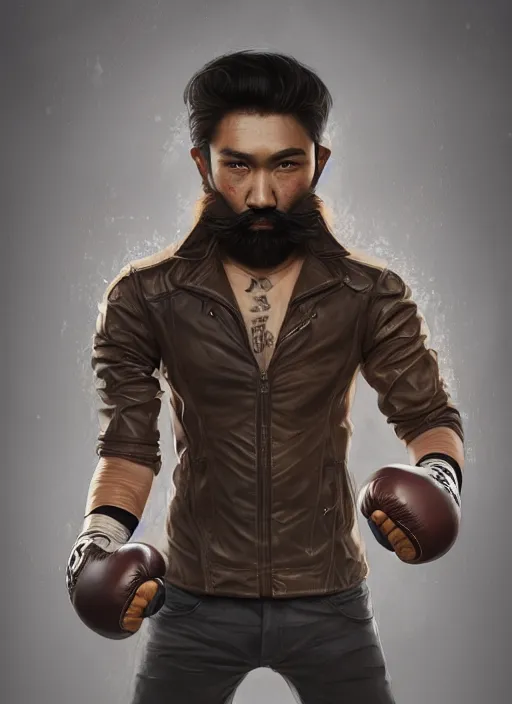 Image similar to a highly detailed illustration of bearded asian man wearing leather jacket with bandaged right hand, focused boxing philly shell stance pose, hands shielding face, intricate, elegant, highly detailed, centered, digital painting, artstation, concept art, smooth, sharp focus, league of legends concept art, WLOP