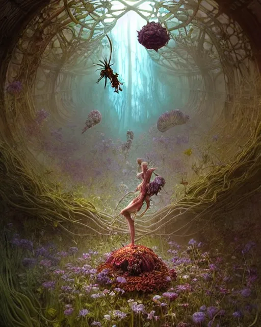 Image similar to the platonic ideal of flowers, rotting, insects and praying of cletus kasady carnage davinci dementor chtulu mandelbulb ponyo alice in wonderland dinotopia watership down, d & d, fantasy, ego death, decay, dmt, psilocybin, concept art by greg rutkowski and simon stalenhag and alphonse mucha