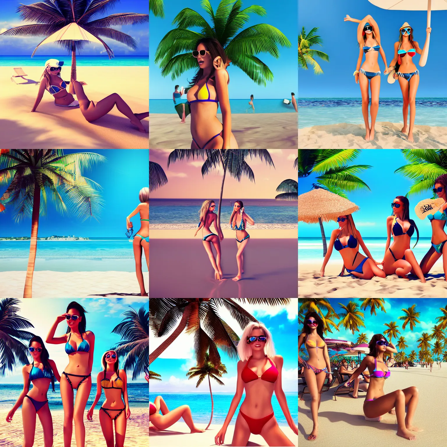 Prompt: extremely attractive bikini girls on a beach with palm trees 3 d render octane art station digital art detailed sunglasses surfboard beach bar