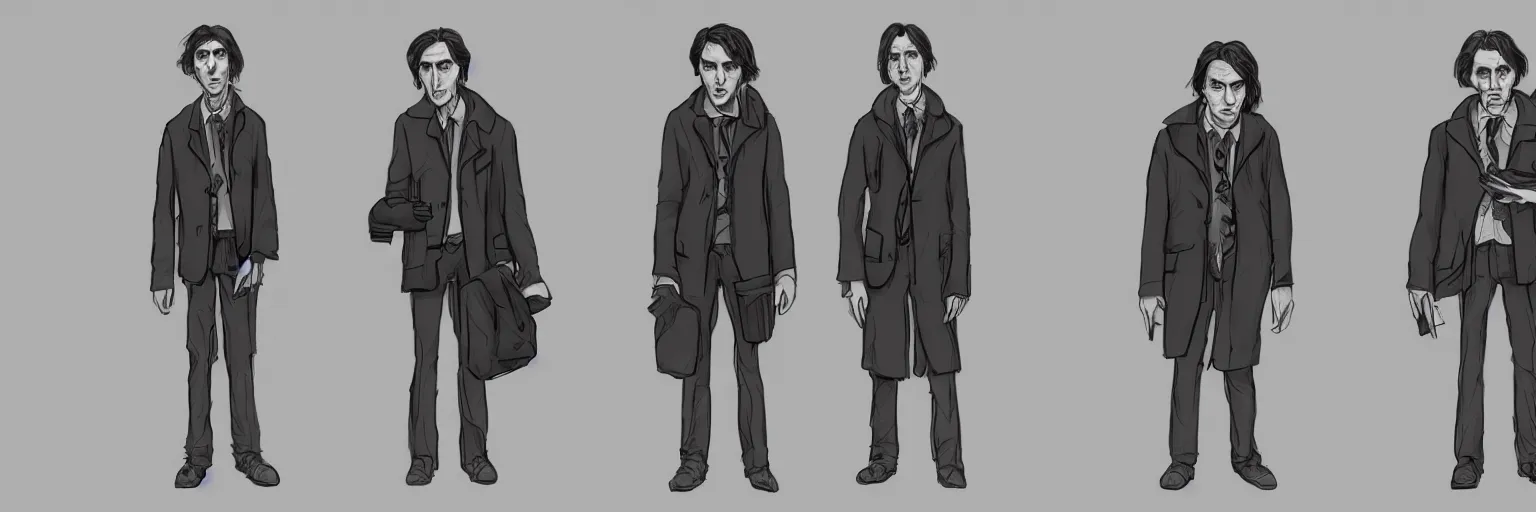 Image similar to character study of paul dano and tim burton, clear faces, emotional, character sheet, fine details, concept design, contrast, kim jung gi, pixar and da vinci, trending on artstation, 8 k, full body and head, turnaround, front view, back view, ultra wide angle