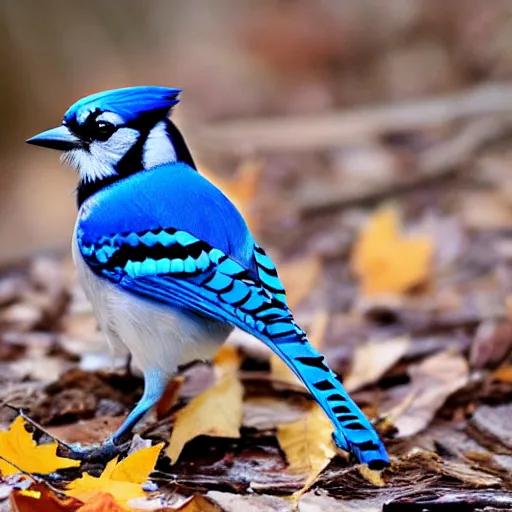 Image similar to bluejay standing next to a river in a forest in autumn