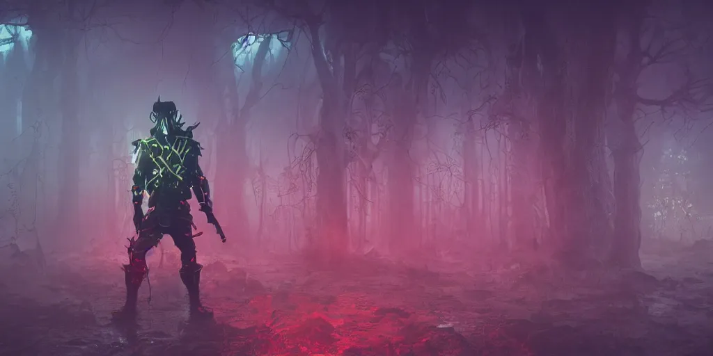 Image similar to inside of strange misty swamp landscape a gamekeeper wearing a steampunk and neonpunk mechanical fluorescent mystical animal mask and red hood. in style of fornite game. night fog,, beautiful render, octane render