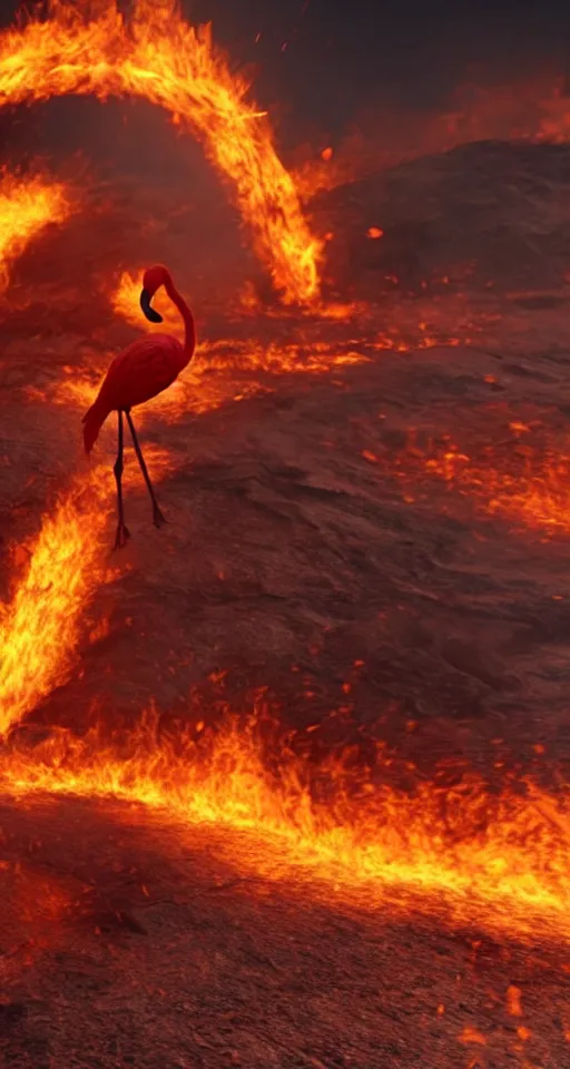 Image similar to a flamingo made out of fire, inferno, magma scarred landscape background, epic sense of scale, unreal engine 5, particle effects,