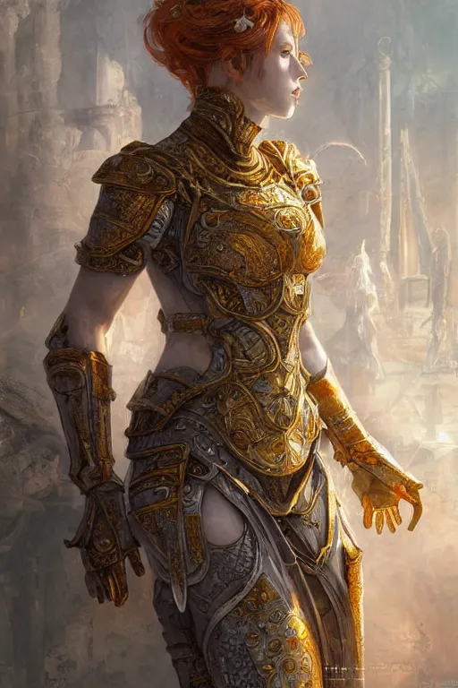 Image similar to portrait knights of Zodiac girl, metalic orange and silver white reflected armor, in ruined Agora of Athens, ssci-fi, fantasy, intricate, very very beautiful, elegant, golden light, highly detailed, digital painting, artstation, concept art, smooth, sharp focus, illustration, art by tian zi and WLOP and alphonse mucha