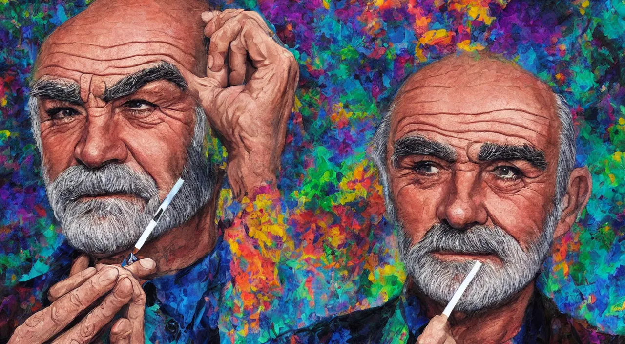 Prompt: Sean Connery smoking a joint vivid colors in the style of Alex Gray, trending on artstation, artstationHQ,artstationHD, 8k