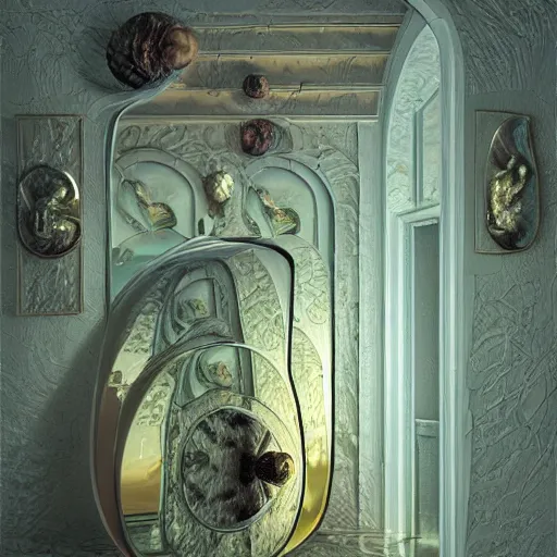 Image similar to hyperrealstic random objects in a surreal dreamscape environment by salvador dali, highly detailed, 3 d render, vray, octane, realistic lighting, photorealistic, colorful, intricate, elegant, wayne barlowe, water, mirrors, doorway, beautiful, masterpiece