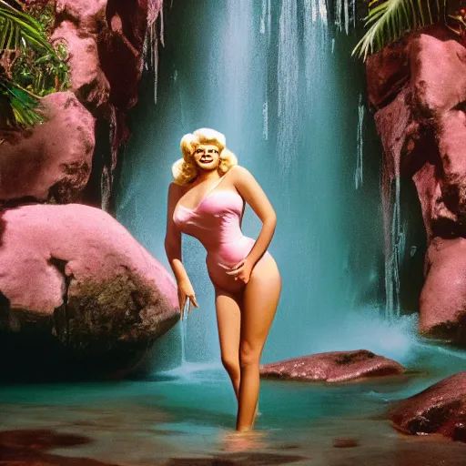 Prompt: a very beautiful sundance award winning image of jayne mansfield under a tropical waterfall, full body, pale pink bikini, pink lipstick, detailed kissy face, cinematic lightning, golden hour, medium shot, alexa mini, cryengine, raytracing, 4 k, cinematic wallpaper by gil elvgren, robert maguire, rudolf belarski