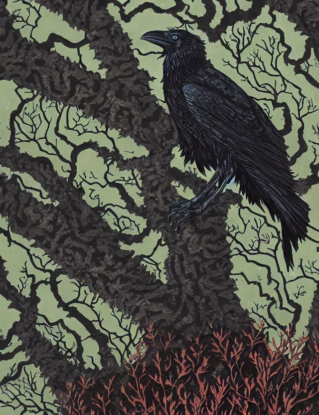 Prompt: raven god in the lichen woods. this gouache painting by the award - winning mangaka has an interesting color scheme, plenty of details and impeccable lighting.