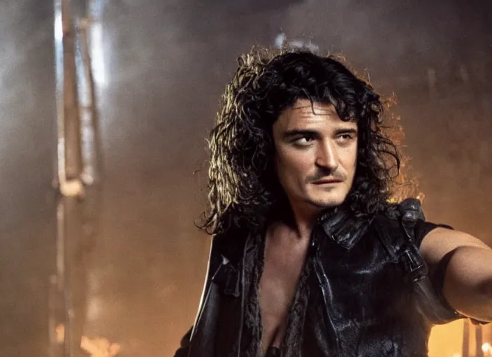 Image similar to promotional image of orlando bloom in a heavy metal band in a movie from 1978, rugged black clothes, detailed face, movie still frame, promotional image, imax 70 mm footage