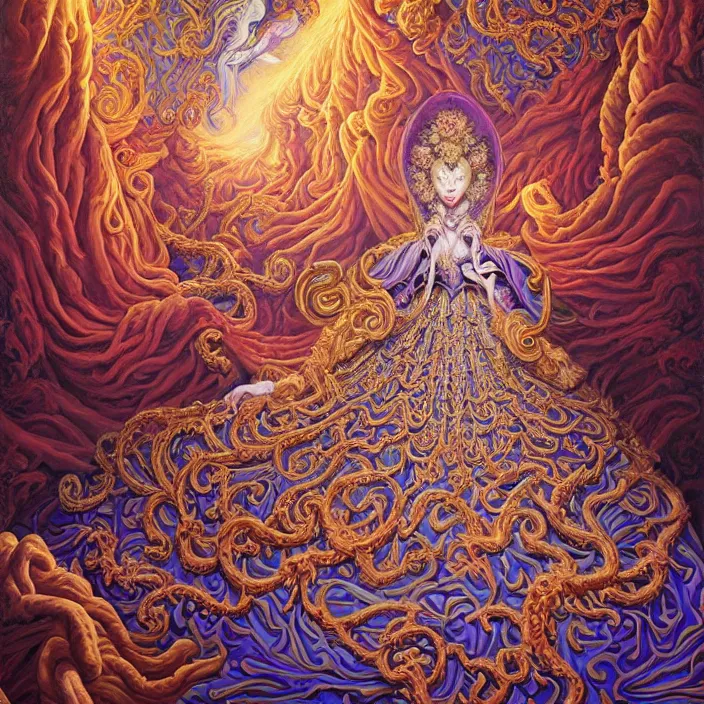 Image similar to beautiful oil painting, full length portrait of dauphinois in baroque coronation robes 1701, Dan Mumford, Dan Mumford, Alex grey, hyacinthe rigaurd, highly detailed , lsd visuals, dmt fractal patterns, hallucinogen, visionary art, psychedelic art, ornate, vaporwave, baroque, Greg rutkowski