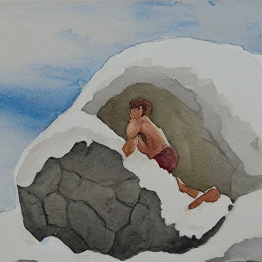 Image similar to snowy watercolor of sisyphus resting next to his boulder