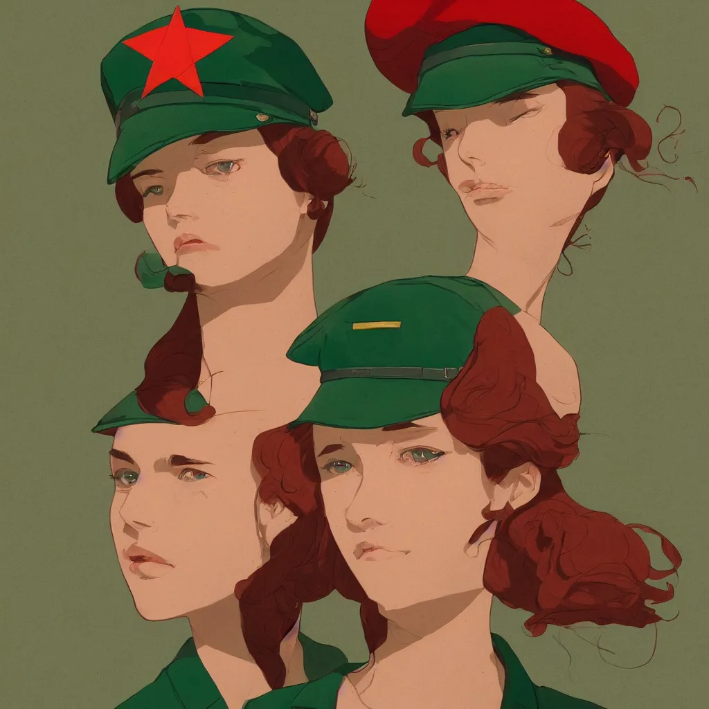 Prompt: a headshot of a beautiful young woman character wearing a green military cap with a red star, by tomer hanuka and roxie vizcarra and frank stockton and greg rutkowski and victo ngai, simple portrait, character concept, 2 d character, soft lighting, masterpiece, cinematic