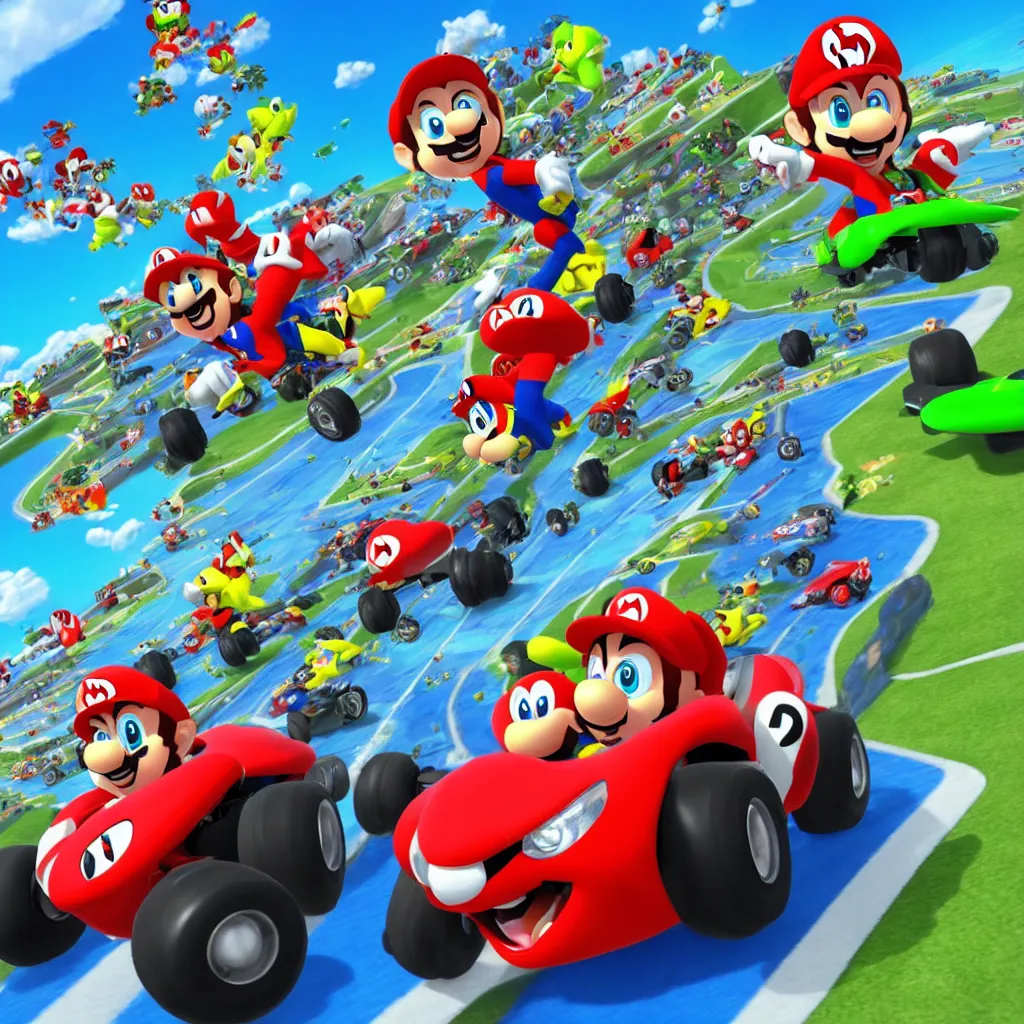 Image similar to new kart race game better then mario kart 8 deluxe from nintendo. made by supercell, disney, pixar.