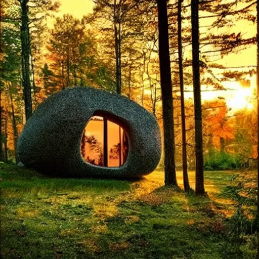 Image similar to house shaped like tree, photoreal, golden hour, sunlight, swedish forest, beautiful!!!!!!!!!