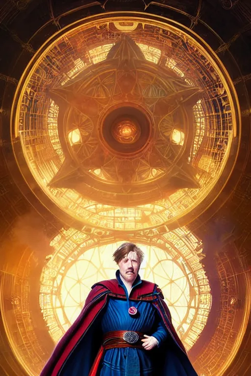 Image similar to Boris Johnson as Doctor Strange, portrait, Sanctum Sanctorum, highly detailed, digital painting, artstation, concept art, smooth, sharp focus, illustration, cinematic lighting, art by artgerm and greg rutkowski and alphonse mucha