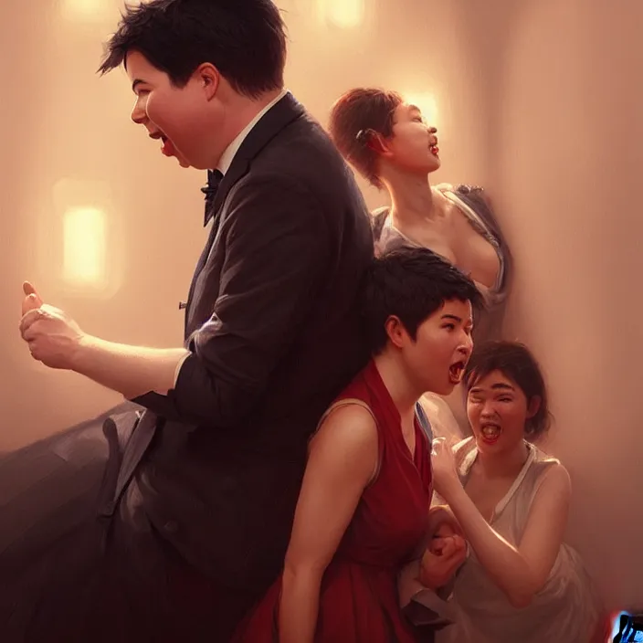 Prompt: michael mcintyre flirting with a singing waitressa, elegant, real life skin, intricate artwork, high detailed, artstation, concept art, smooth, sharp focus, art by artgerm and greg rutkowski