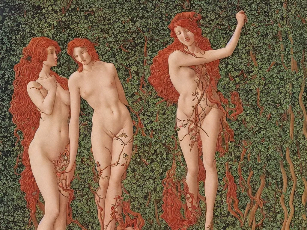 Prompt: Perfect bodies surrounded in cloth, skin with delicate ivy tendrils, flowers growing from the lungs. Painting by Moebius, Botticelli