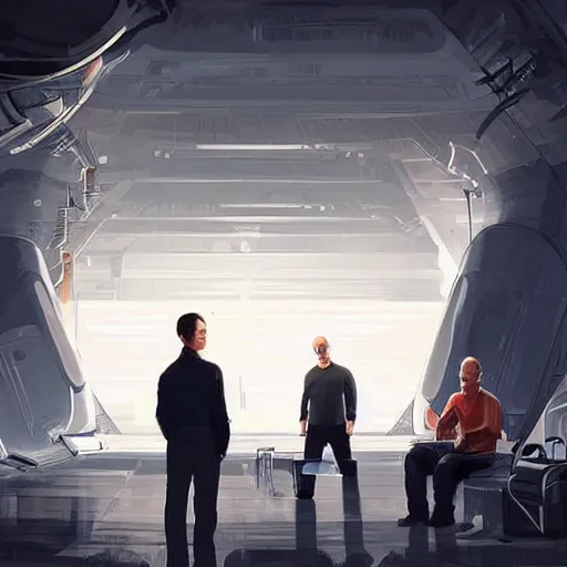 Image similar to cell shaded illustration of a meeting between elon musk, mark zuckerberg, jeff bezos, very detailled, by artgem, greg rutkowski