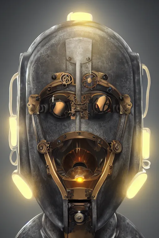 Image similar to steampunk mask minimalist fantasy art robot ninja helmet, global illumination ray tracing hdr fanart arstation by sung choi and eric pfeiffer and gabriel garza and casper konefal radiating a glowing aura