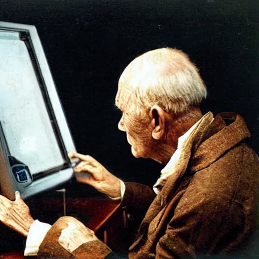 Image similar to old man staring at a highly advanced computer , old photo , 1824 , HD , 4k