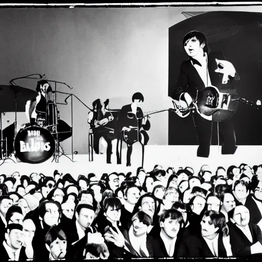 Prompt: The Beatles playing a concert for a single person