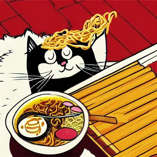 Image similar to fat cat eating ramen noodles on toast, japanese art artstation trending