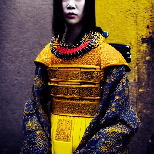 Prompt: female samurai, defiant, cyberpunk, vibrant yellow colors, surreal, french baroque style by alexander mcqueen, hyper detailed, cinematic, photograph leica 1 9 7 0 photography