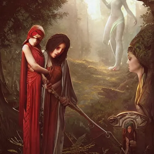 Prompt: female acolytes kidnapping maidens from a village. incredible detail. by tom bagshaw and by magali villeneuve and by wlop