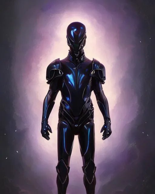 Image similar to character concept of iridescent sinewy smooth muscular male sleek glossy indigo black pearlescent scifi armor with continuous smooth black featureless helmet, by greg rutkowski, mark brookes, jim burns, tom bagshaw, magali villeneuve, trending on artstation