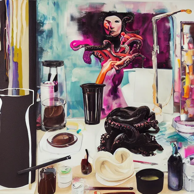 Prompt: sensual, a portrait in a female art student's bedroom, black walls, a woman drinking iced latte, pancakes, maple syrup dripping, chocolate, surgical supplies, ikebana, octopus, neo - expressionism, surrealism, acrylic and spray paint and oilstick on canvas