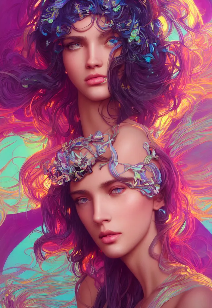 Image similar to beautiful, young woman, detailed gorgeous face, vaporwave aesthetic, synthwave, colorful, psychedelic, crown, artstation, concept art, smooth, extremely sharp detail, finely tuned detail, ultra high definition, 8 k, unreal engine 5, ultra sharp focus, illustration, art by artgerm and greg rutkowski and alphonse mucha