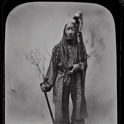 Prompt: tintype photograph of a neo-futuristic shaman. Holding a glowing staff, he has three eyes.