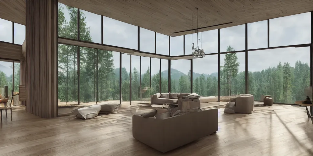 Image similar to architecture render of interior of a beautiful modern home, large windows with a beautiful view of a forest, realistic, hd, 8 k, digital rendering, unreal engine, blender, octane, maya